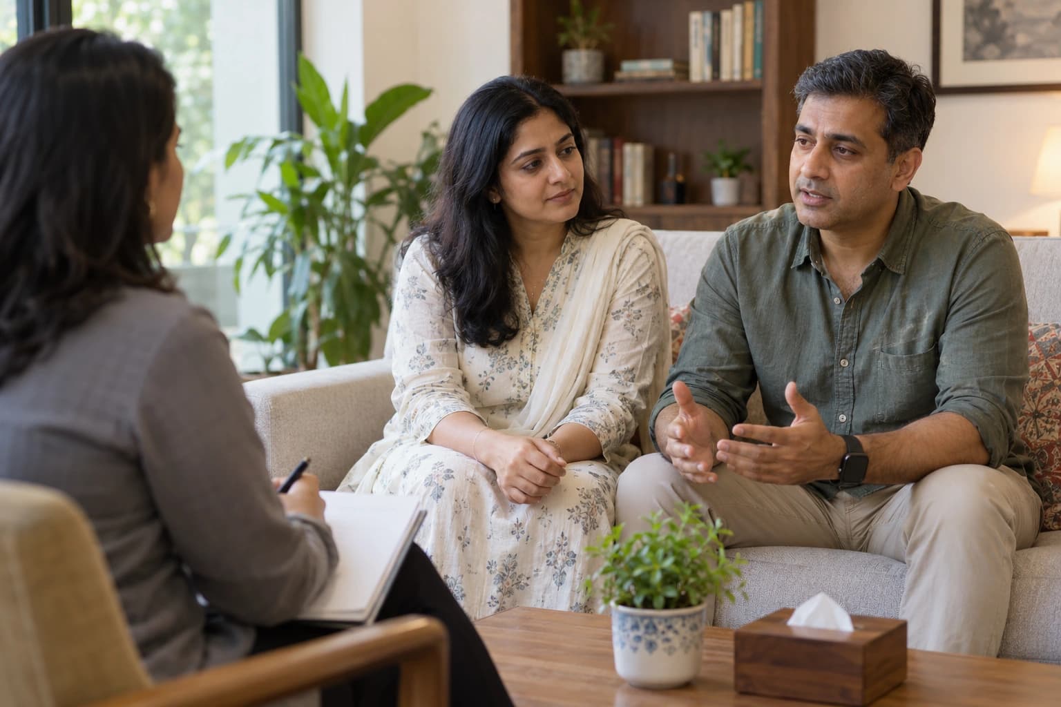 Illustrative photograph of a couple talking with a relationship counsellor