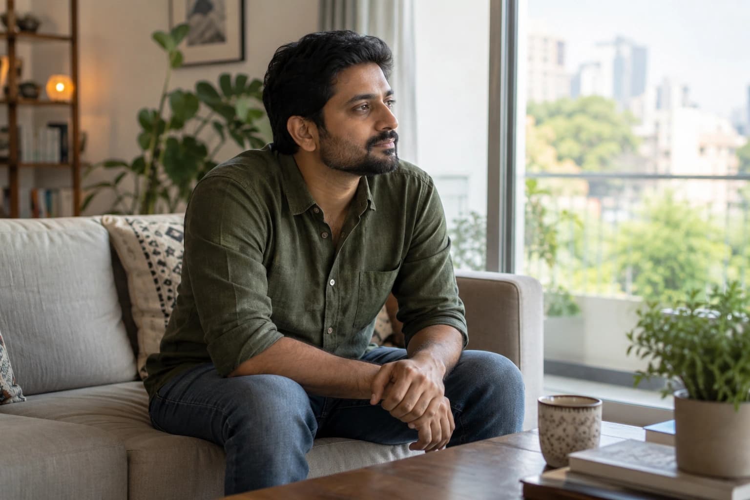 Illustrative photograph of a man taking a quiet moment at home