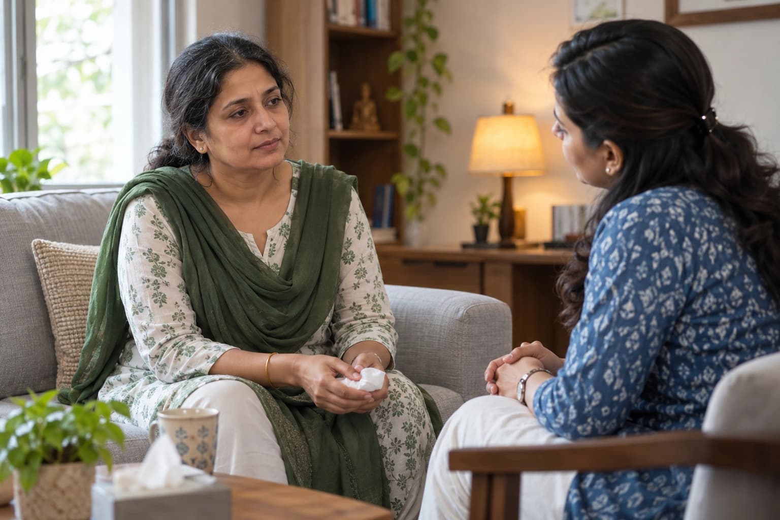 Illustrative photograph of a woman receiving compassionate grief counselling