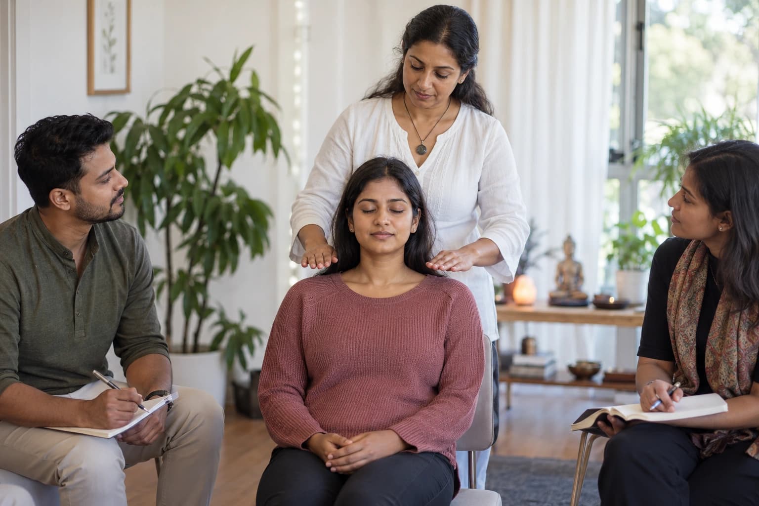 Illustrative photograph of adult learners observing a Reiki class