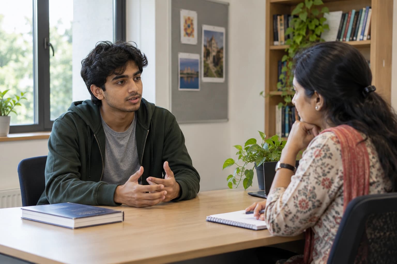 Illustrative photograph of a university student talking with a counsellor