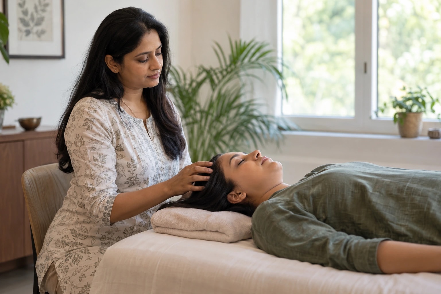 Illustrative photograph of a practitioner gently resting fingertips on a client's scalp during relaxation