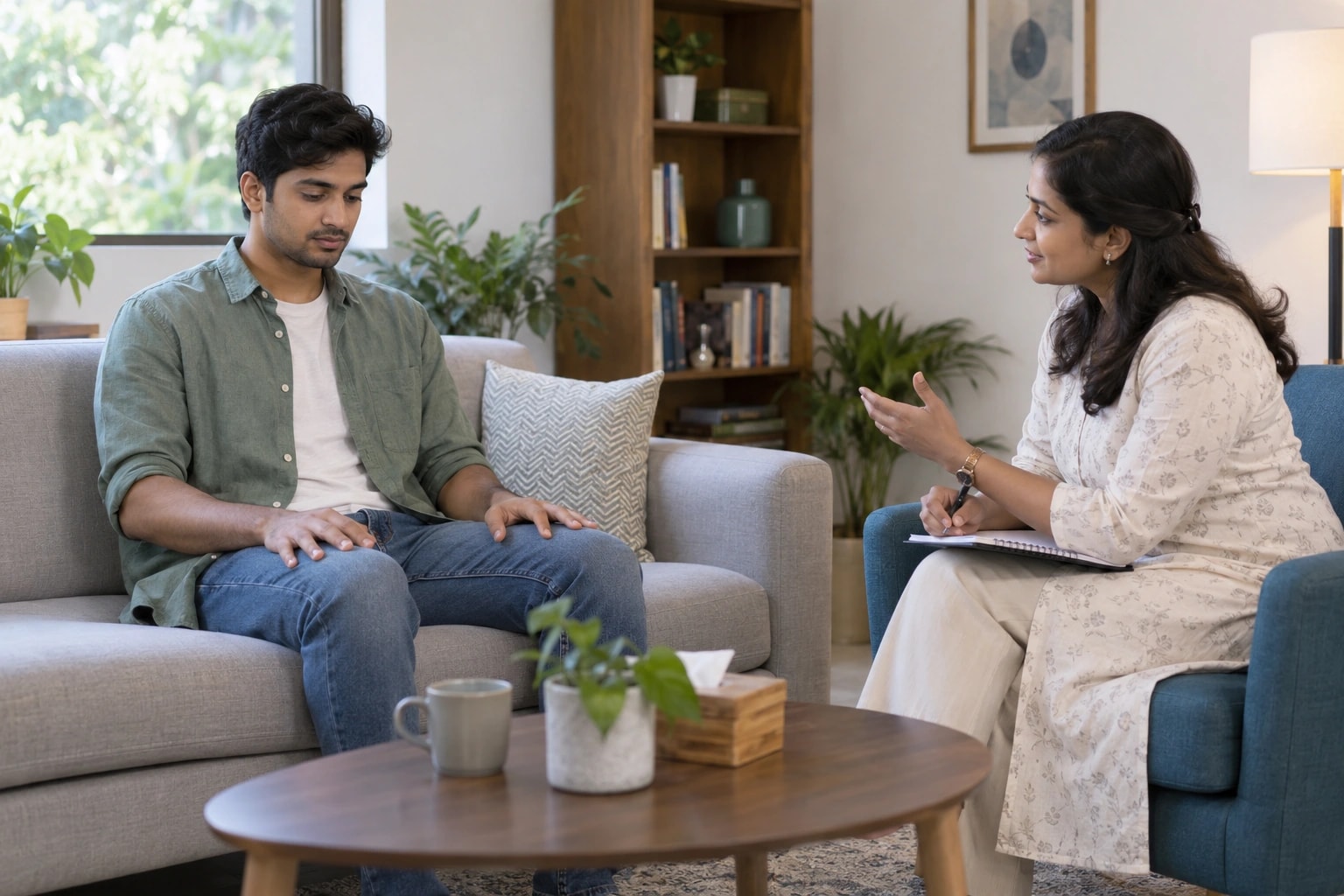 Illustrative photograph of a man discussing physical tension with a counsellor