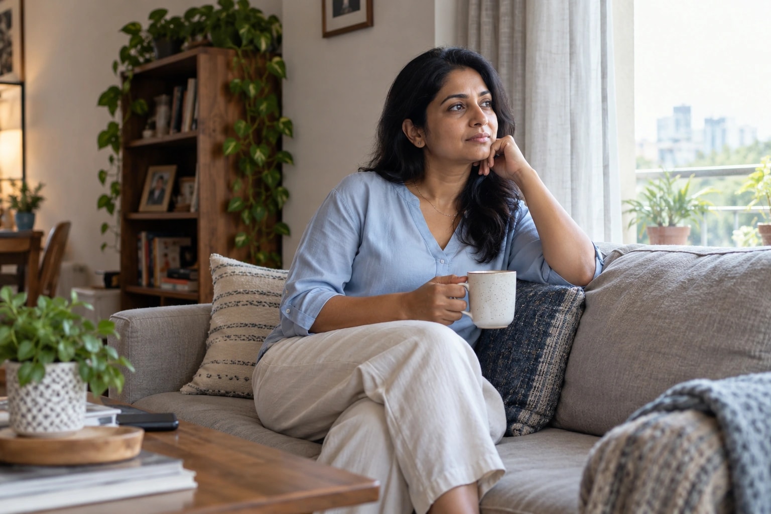 Illustrative photograph of a woman reflecting quietly at home