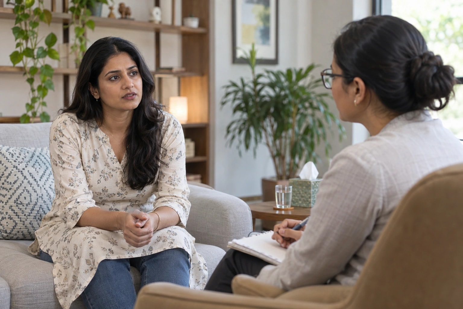 Illustrative photograph of a woman discussing anxiety with a counsellor