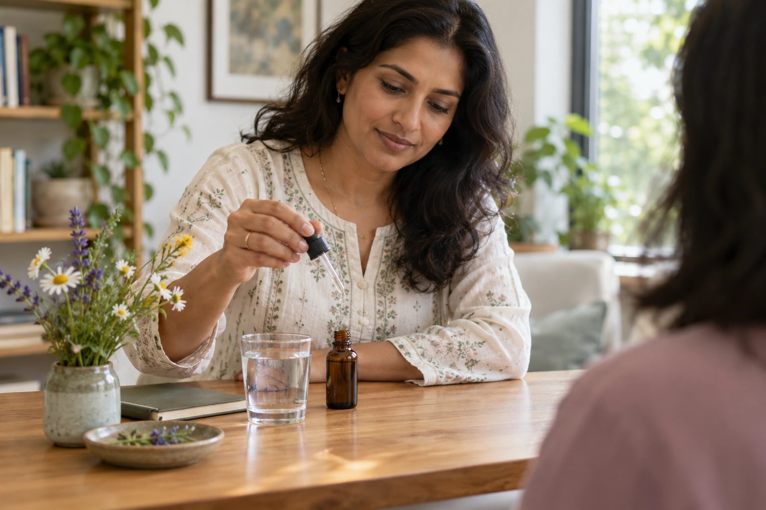 Illustrative photograph of a flower-remedy consultation with an amber dropper bottle and glass of water