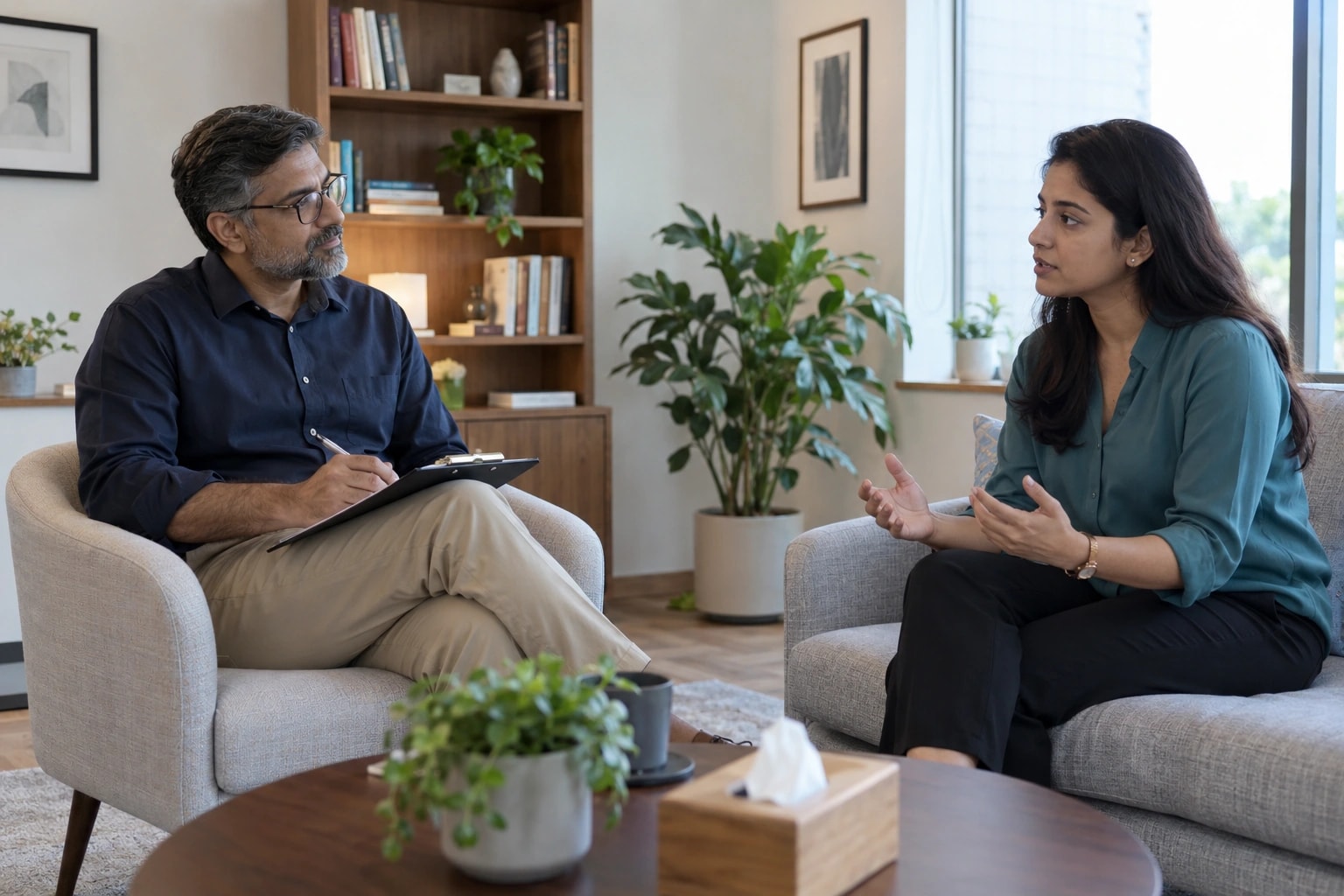 Illustrative photograph of a psychologist listening during an assessment consultation