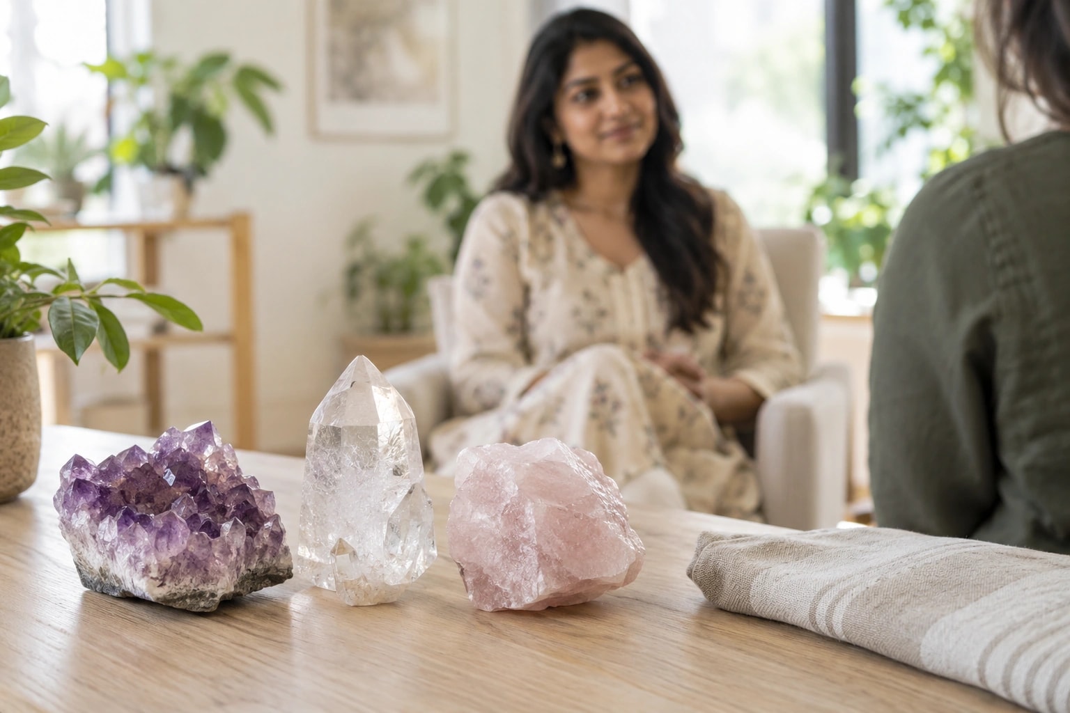 Illustrative photograph of amethyst, clear quartz and rose quartz on a consultation table