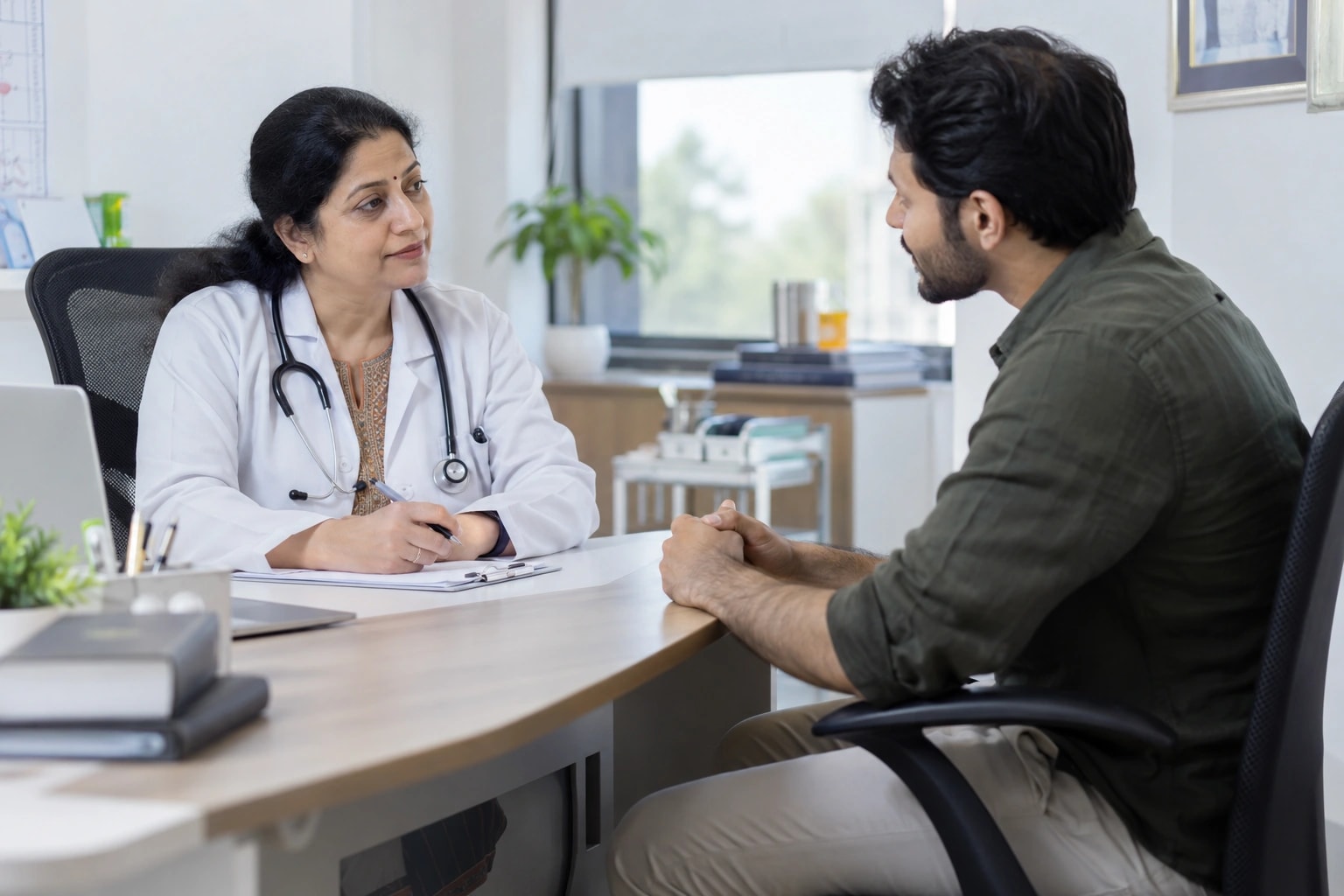 Illustrative photograph of a patient discussing symptoms with a physician