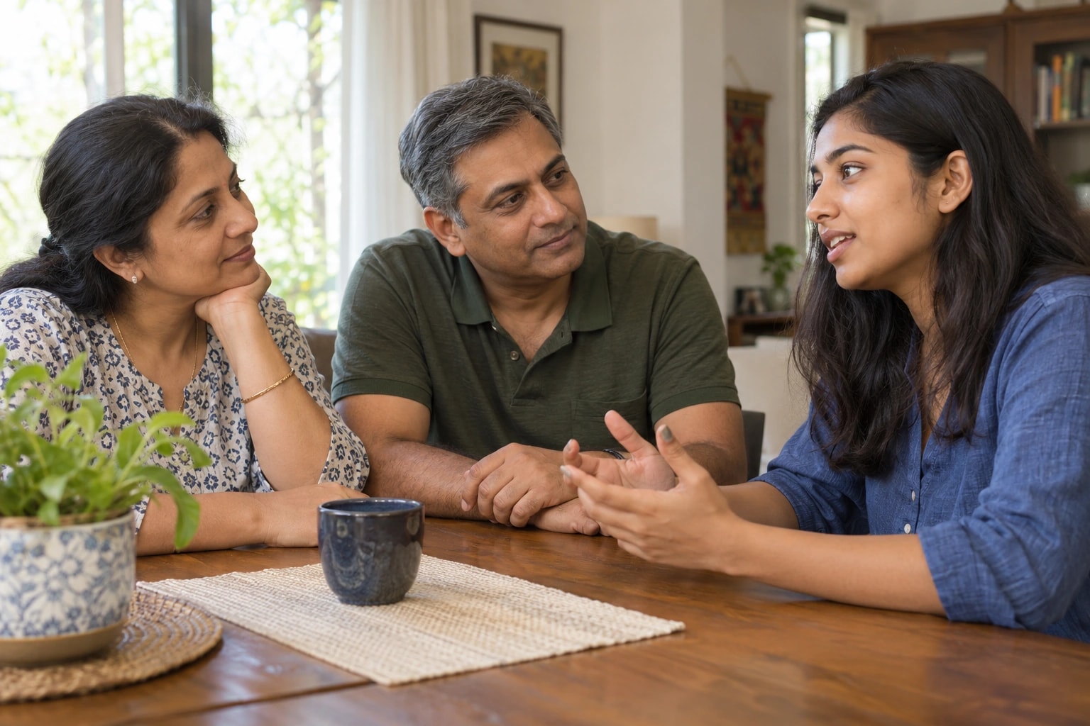 Illustrative photograph of a family having a supportive conversation at home