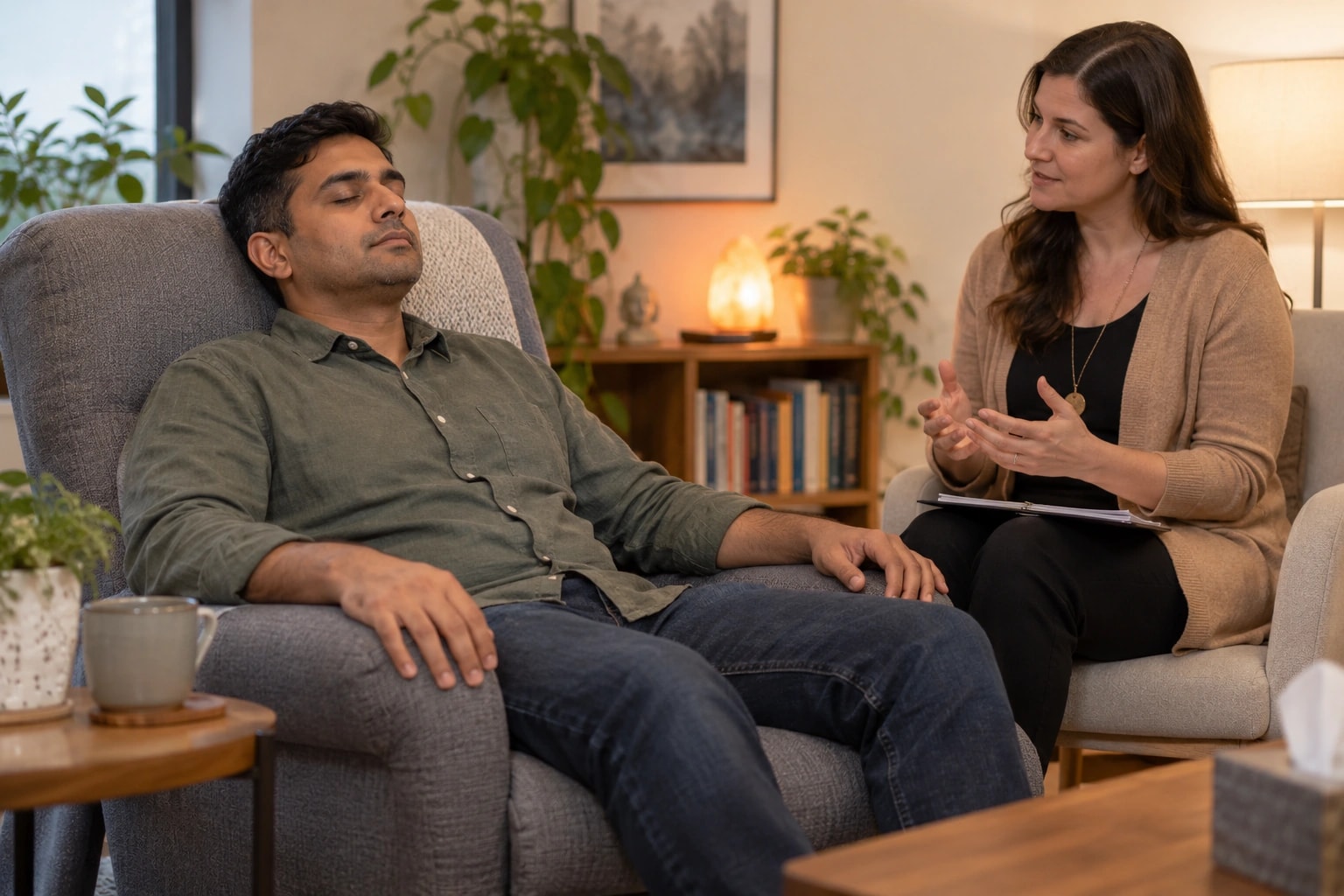 Illustrative photograph of a therapist guiding a reclining client through relaxation