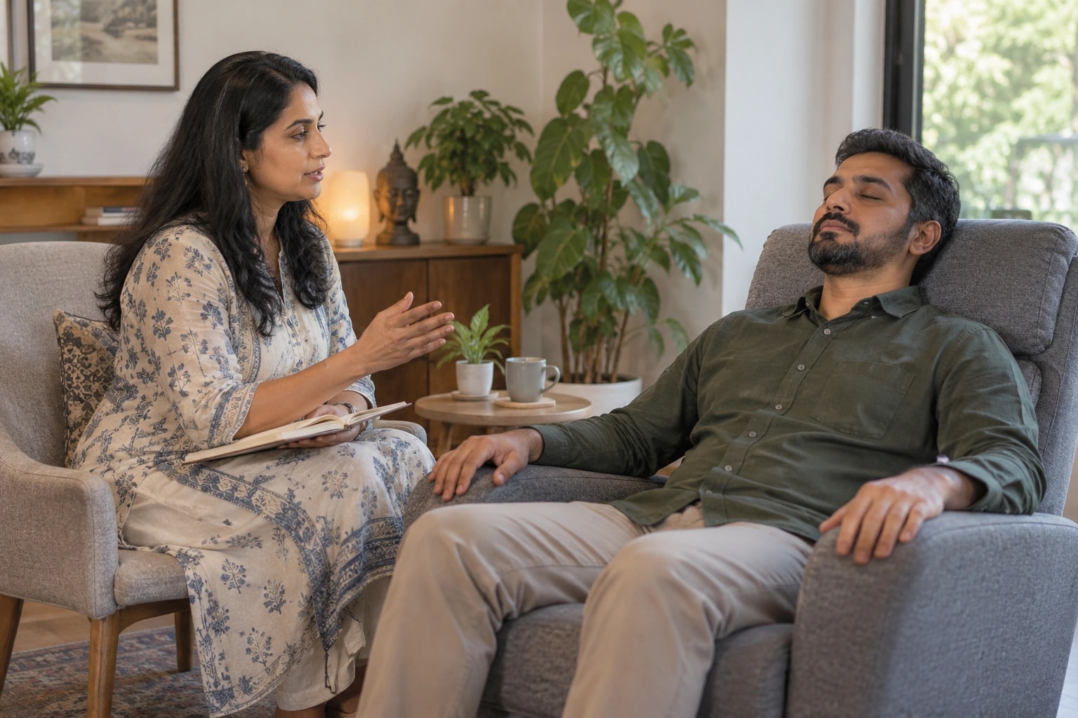 Illustrative photograph of a therapist guiding a reclining client through relaxation