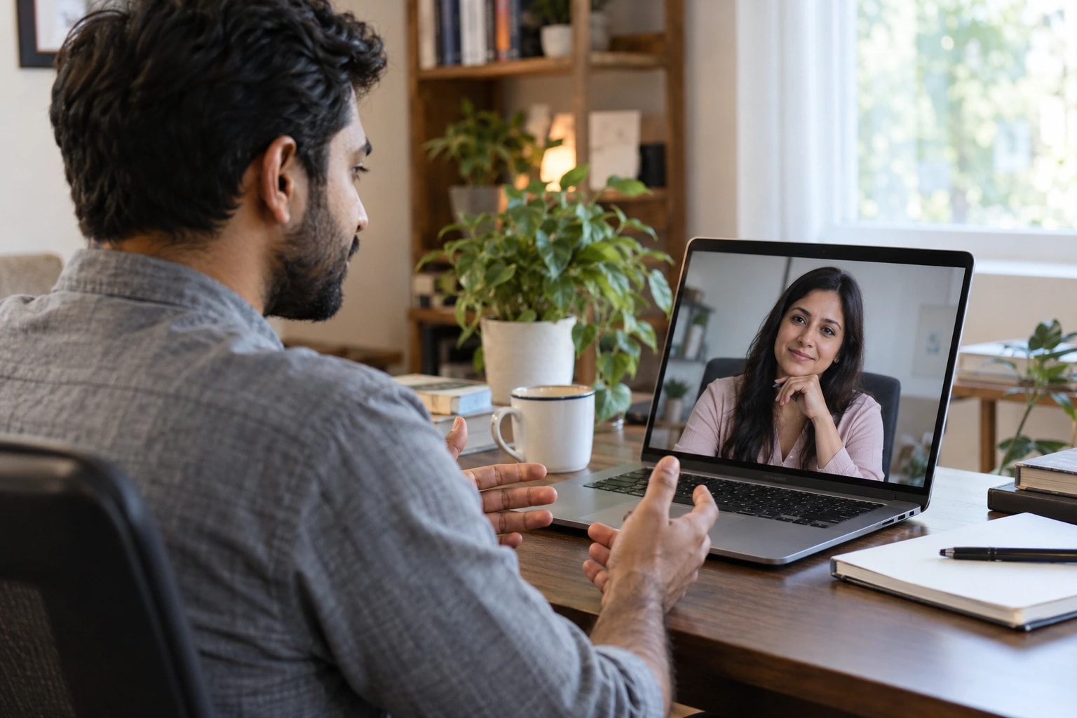 Illustrative photograph of an adult attending an online counselling conversation