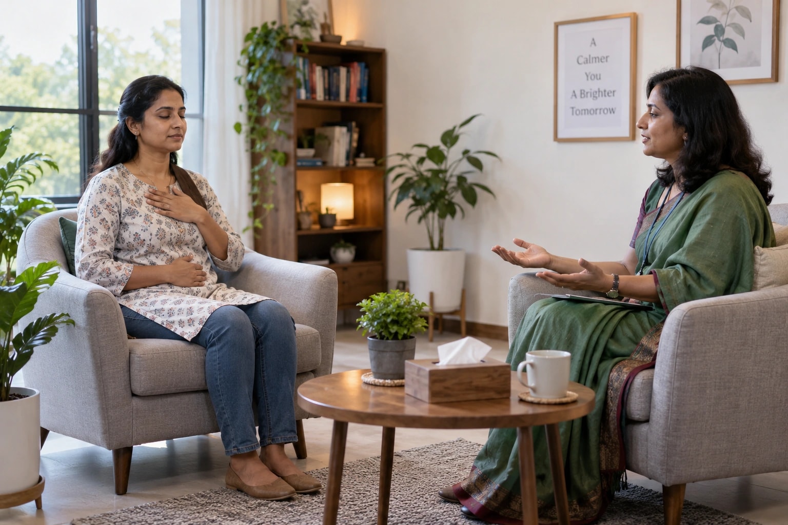 Illustrative photograph of a counsellor supporting a woman with a grounding exercise