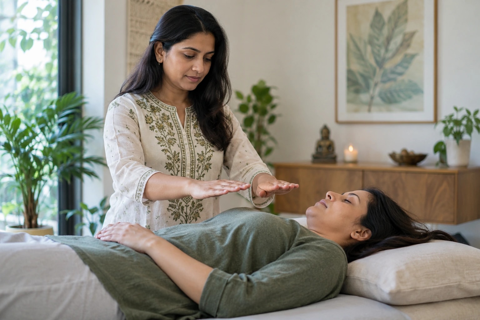 Illustrative photograph of a Reiki practitioner holding her hands above a fully clothed client