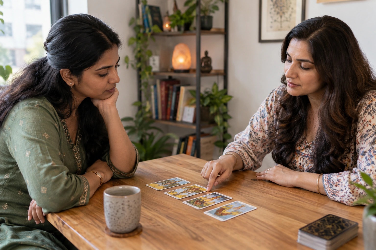 Illustrative photograph of tarot cards being discussed during a reflective consultation