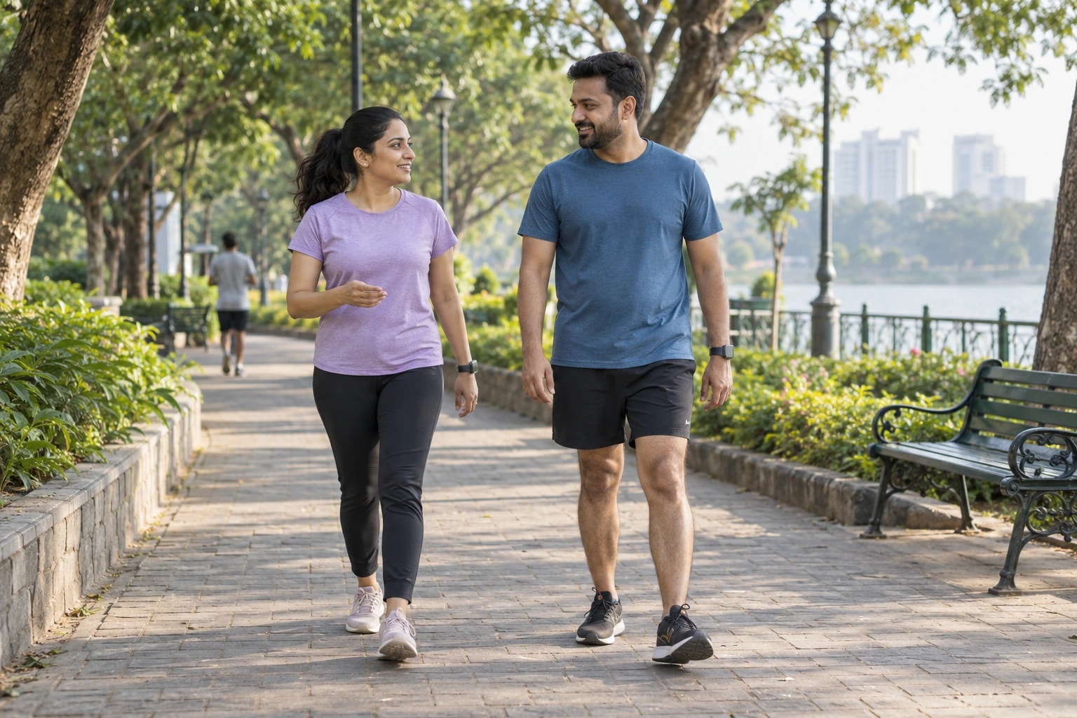 Illustrative photograph of two adults walking in a park