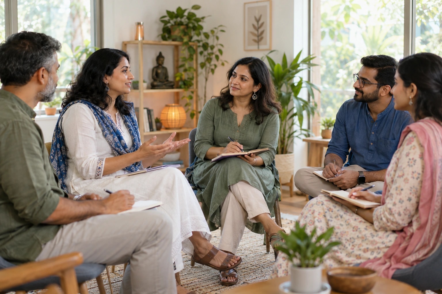 Illustrative photograph of adults sharing ideas during a wellbeing workshop