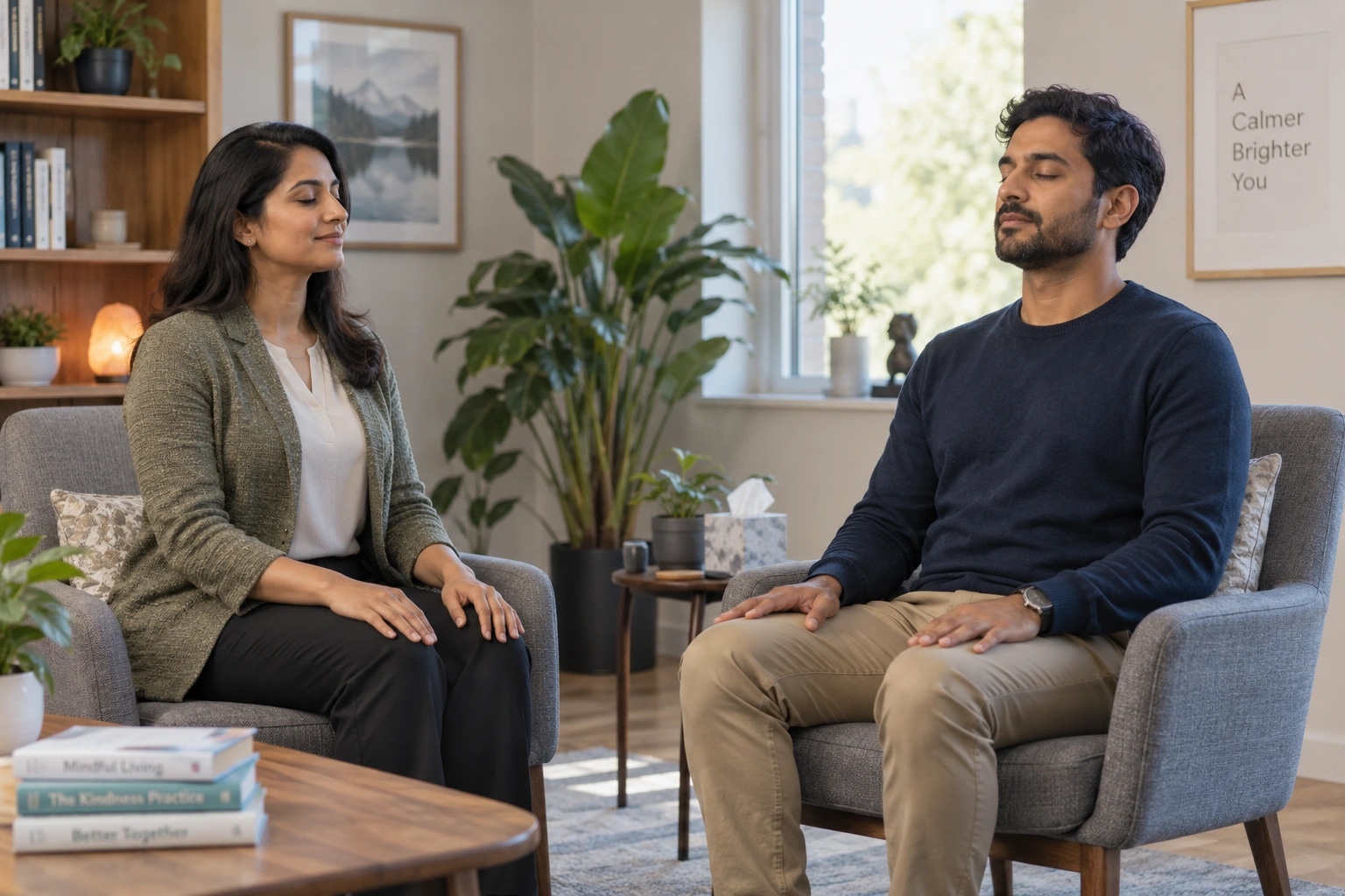 Illustrative photograph of a therapist guiding a seated breathing exercise