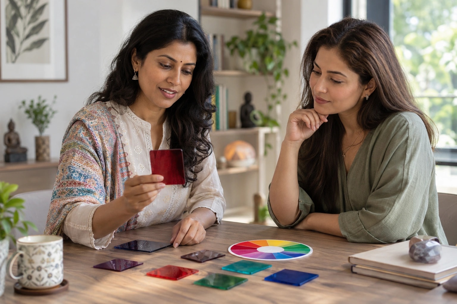 Illustrative photograph of a colour-therapy consultation with coloured samples and a colour wheel