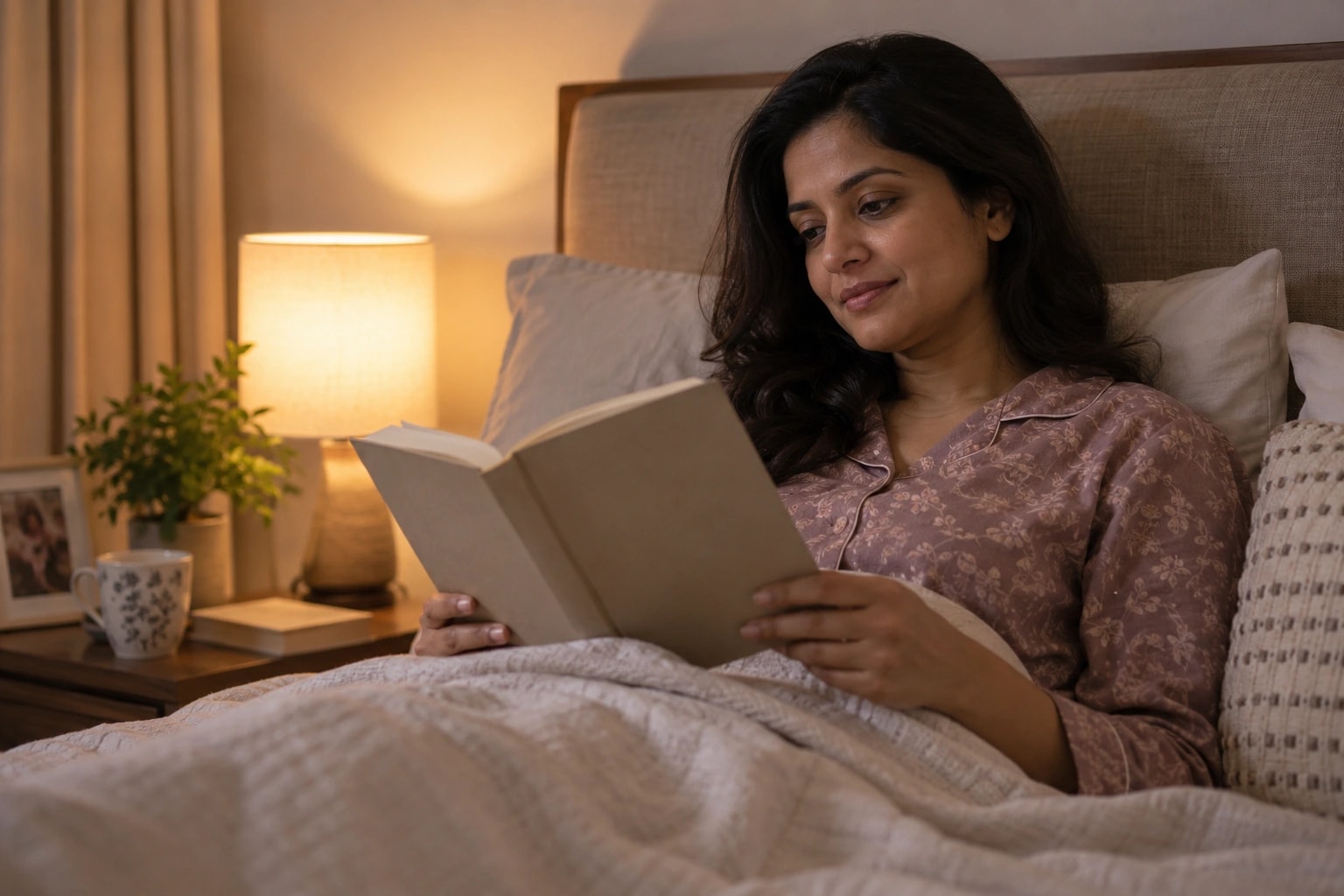 Illustrative photograph of an adult reading during an evening routine