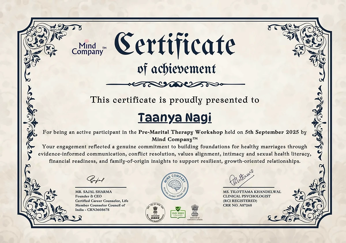 Certificate of achievement presented to Taanya Nagi