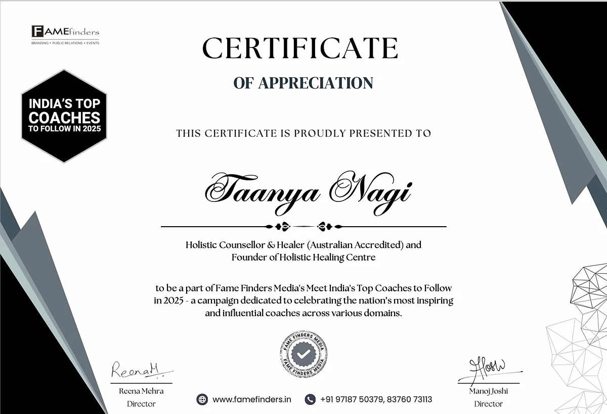 Certificate of appreciation presented to Taanya Nagi for India's Top Coaches